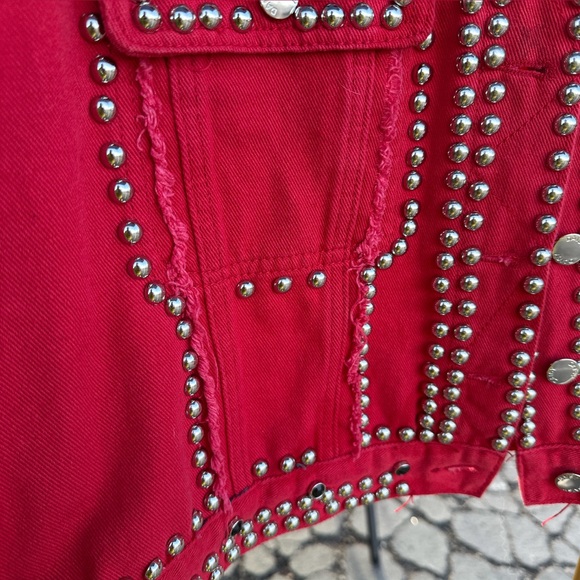 Red denim studded jacket - Picture 2 of 5